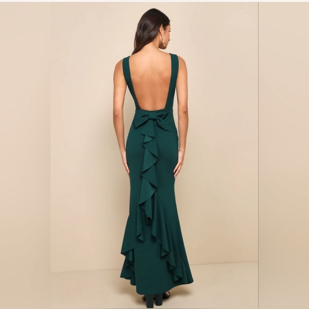 Lulus Current Exquisite Refinement Emerald Backless Bow Ruffled Maxi Dress - Picture 2 of 16